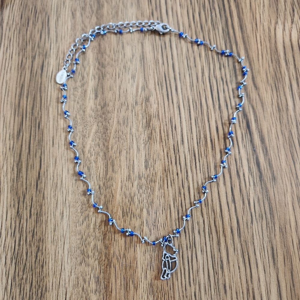 Vintage Disney Winnie The Pooh Silver Blue Beaded Outline Charm Necklace Y2K
